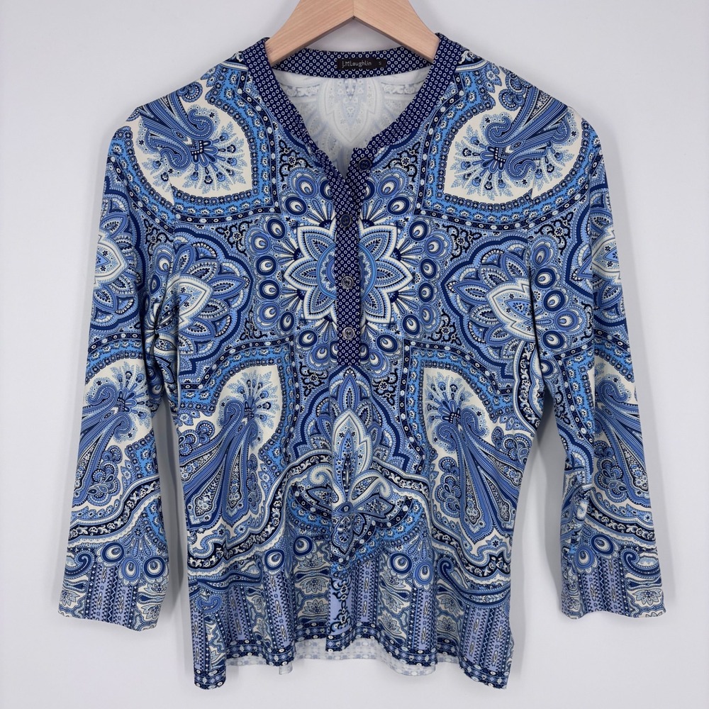 J McLaughlin Catalina Cloth Henley Top Womens S Blue Paisley Mandala Coastal